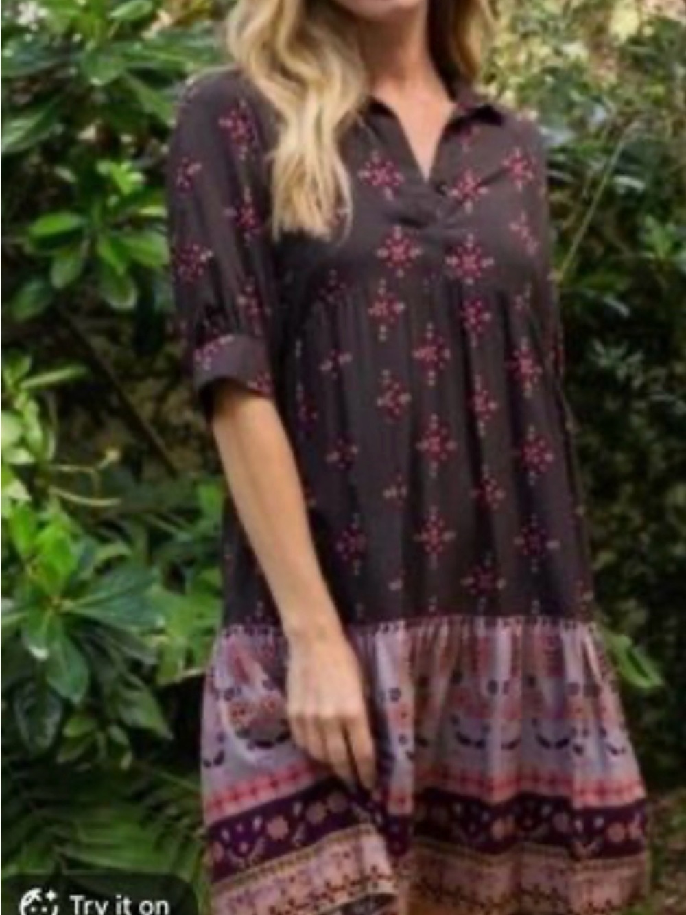 NATURAL LIFE Brown Tunic Dress with Pink Floral and Multicolor Hem Sz S